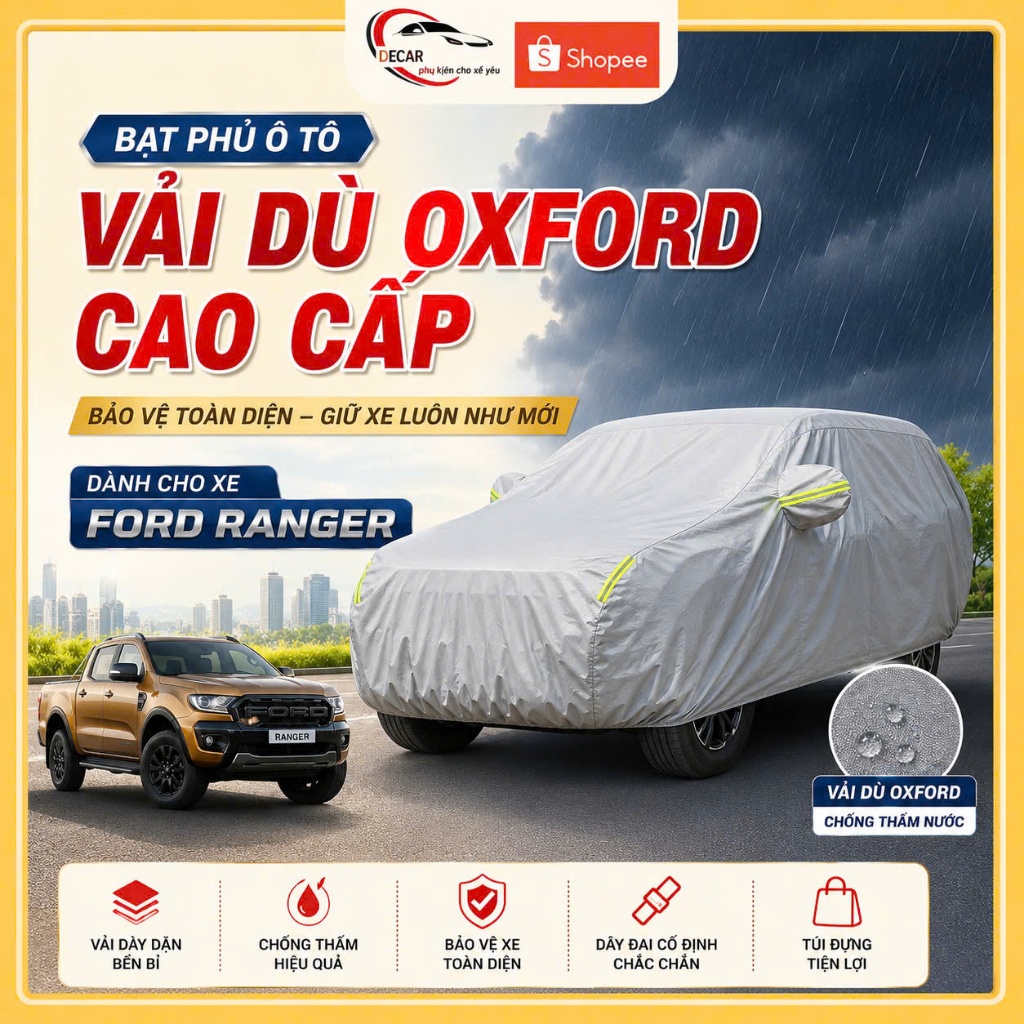[FORD RANGER] Bạt phủ ô tô bảo vệ xe bán tải chất liệu vải dù Oxford bền đẹp, Bạt phủ chống nắng, mưa xe ô tô bán tải