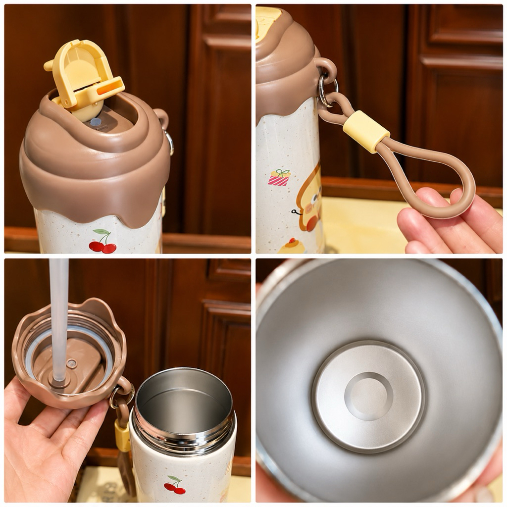 Bình Nước Giữ Nhiệt 600ml Cute, Có Ống Hút, Kèm Dây Đeo