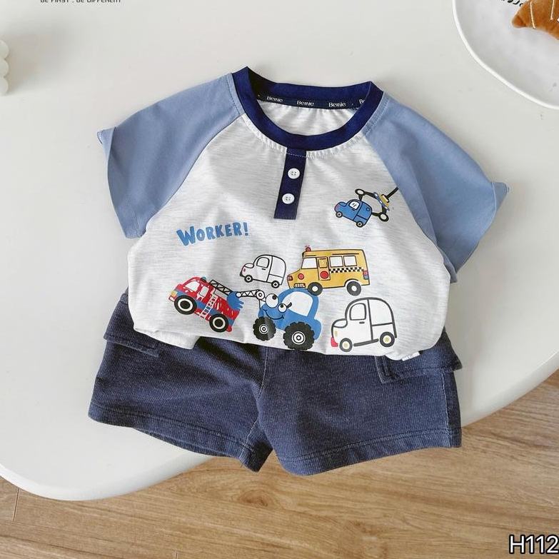 Bộ quần áo cộc tay PHỐI MÀU WORKER CARS áo chất COTTON 4 chiều siêu co giãn  cho bé trai
