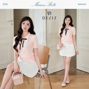 DELIZ - Áo len nữ cổ sen phối nơ dệt đục lỗ thoáng khí kết hợp họa tiết hoa dễ thương DELIZ PL308
