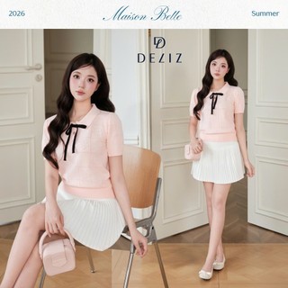 DELIZ - Áo len nữ cổ sen phối nơ dệt đục lỗ thoáng khí kết hợp họa tiết hoa dễ thương DELIZ PL308