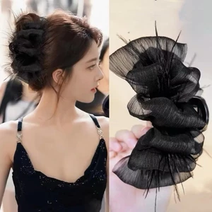 Kẹp tóc voan trơn đính lông vũ bồng bềnh cao cấp phong cách nữ hàn quốc,phụ kien tóc xinh