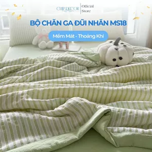 Bộ chăn ga chần bông đũi nhăn CHIP DECOR họa tiết kẻ tối giản mềm mát thấm hút mồ hôi MS18
