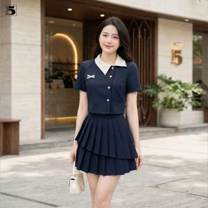Set bộ Twentyfive gồm áo kiểu ngắn tay phối cổ và nơ và chân váy ngắn xếp ly 2 tầng SAVH78