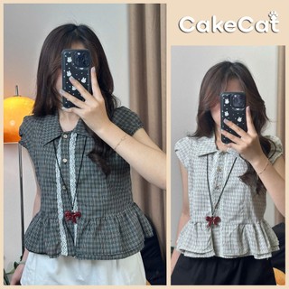 Áo Sơ Mi Nữ Kẻ Caro Chất Thô Kate Phối Ren Dọc Tay Hến Dáng Peplum Xòe Gấu Nàng Thơ - Cakecat