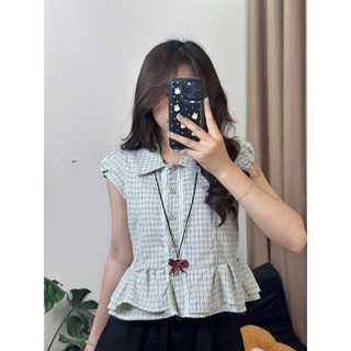 Áo Sơ Mi Nữ Kẻ Caro Chất Thô Kate Phối Ren Dọc Tay Hến Dáng Peplum Xòe Gấu Nàng Thơ - Cakecat