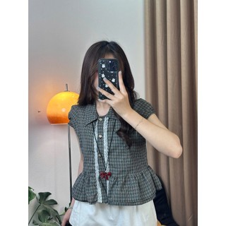 Áo Sơ Mi Nữ Kẻ Caro Chất Thô Kate Phối Ren Dọc Tay Hến Dáng Peplum Xòe Gấu Nàng Thơ - Cakecat