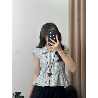 Áo Sơ Mi Nữ Kẻ Caro Chất Thô Kate Phối Ren Dọc Tay Hến Dáng Peplum Xòe Gấu Nàng Thơ - Cakecat