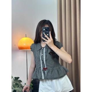 Áo Sơ Mi Nữ Kẻ Caro Chất Thô Kate Phối Ren Dọc Tay Hến Dáng Peplum Xòe Gấu Nàng Thơ - Cakecat