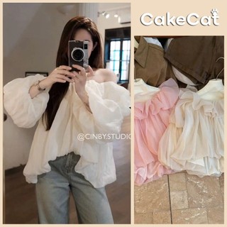 Áo Trễ Vai Tơ Bèo Dáng Bí Tay Bồng Hồng Kem Pastel Tiểu Thư Ngọt Ngào Bloom Top Cakecat