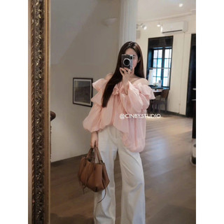 Áo Trễ Vai Tơ Bèo Dáng Bí Tay Bồng Hồng Kem Pastel Tiểu Thư Ngọt Ngào Bloom Top Cakecat