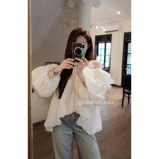 Áo Trễ Vai Tơ Bèo Dáng Bí Tay Bồng Hồng Kem Pastel Tiểu Thư Ngọt Ngào Bloom Top Cakecat