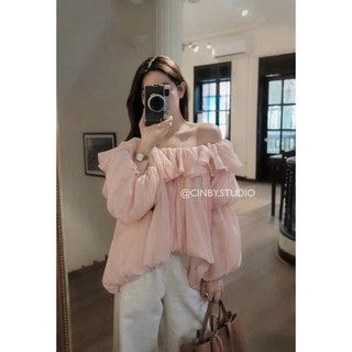 Áo Trễ Vai Tơ Bèo Dáng Bí Tay Bồng Hồng Kem Pastel Tiểu Thư Ngọt Ngào Bloom Top Cakecat