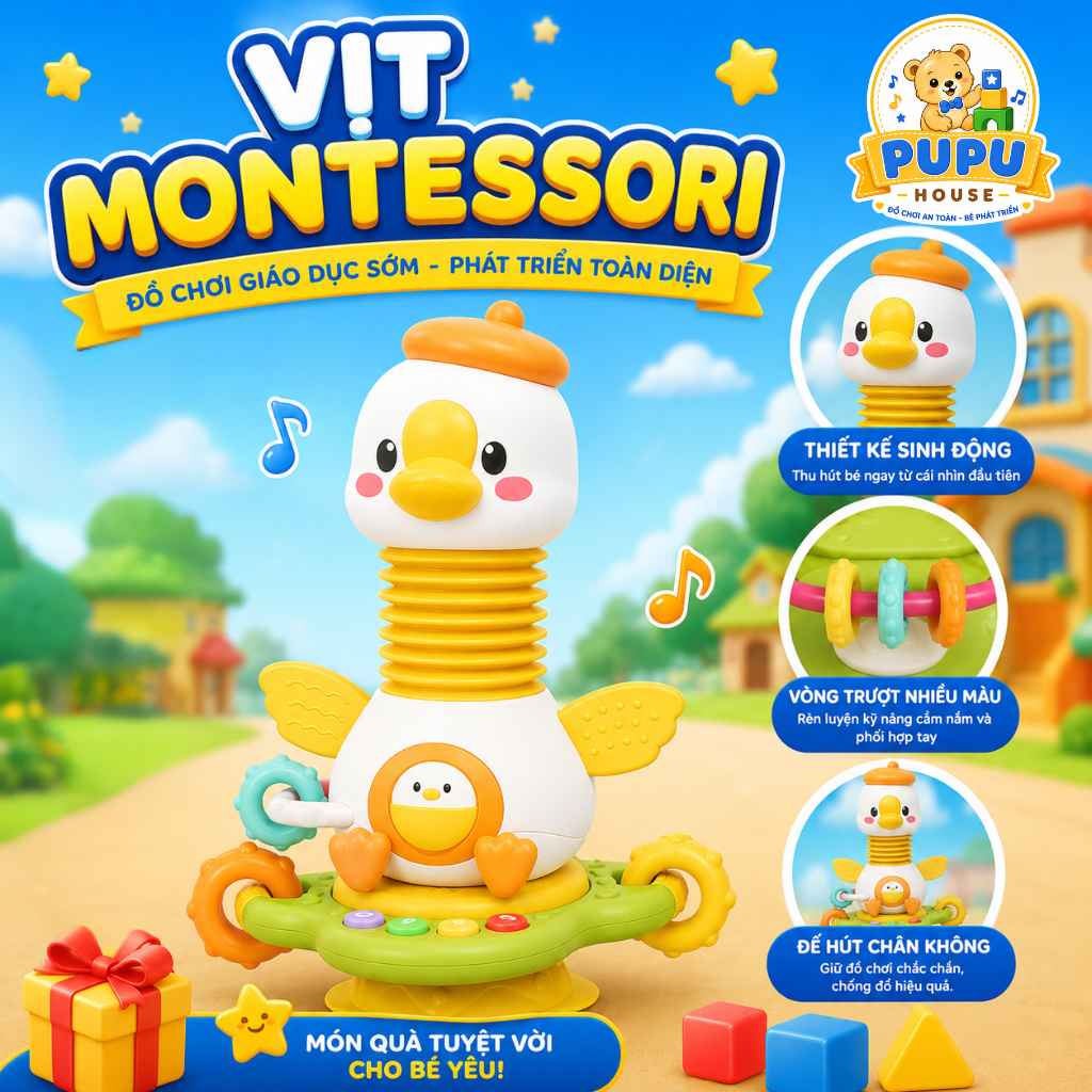 Đồ Chơi Vịt Montessori Cho Bé Sơ Sinh Để Bàn Ăn Cho Bé Ăn Ngoan Có Nhạc Phát Triển Giác Quan Cho Bé - PUPU HOUSE