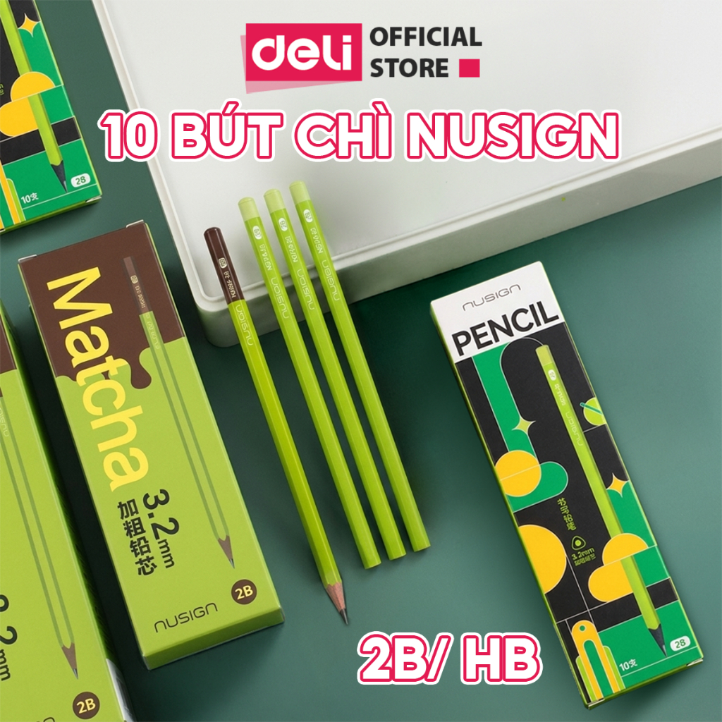 Bút Chì Gỗ 2B HB Deli Nusign NS684/NS743 Lõi Đậm Khó Gãy Dễ Gọt Viết Êm Tay Cho Học Sinh Dân Văn Phòng Màu Matcha Socola
