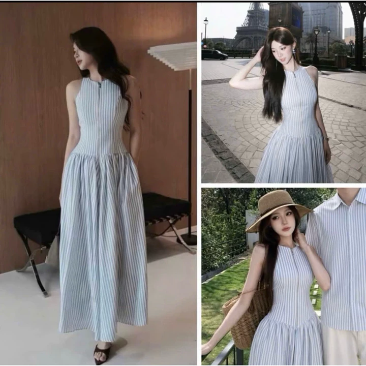 Đầm Maxi Sọc Xanh Khoá Zip Cổ Yếm, Váy Nữ Dài Thanh Lịch - Váy nữ đi chơi, đi tiệc, du lịch
