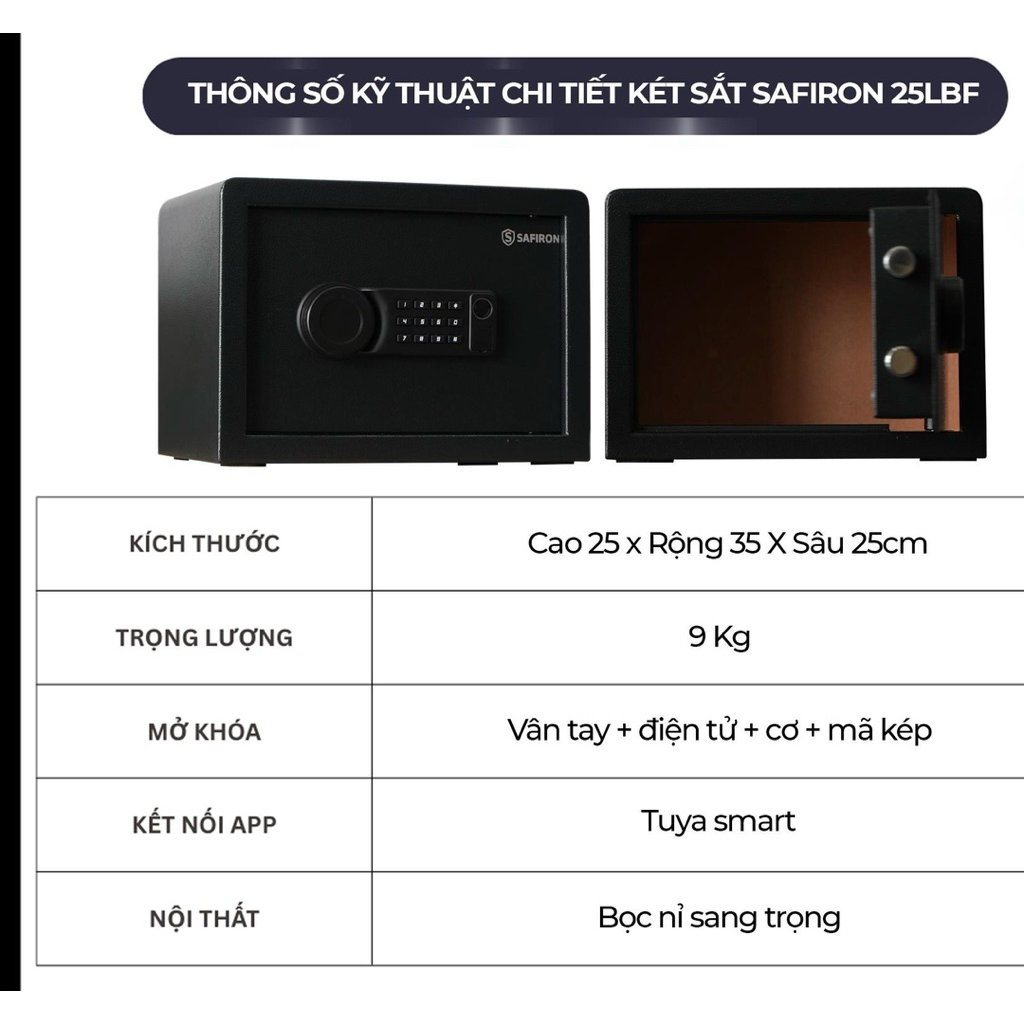 Két Sắt Mini Thông Minh Tiêu Chuẩn Khách Sạn, Két Mini Vân Tay Điện tử Chuẩn Phong Thủy 25LBF