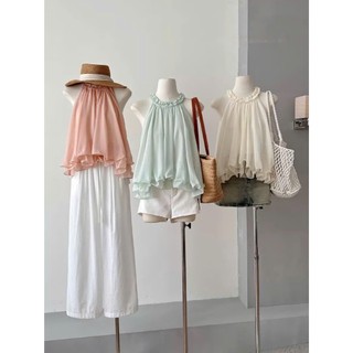 Áo Yếm Voan Nữ Dáng Bồng Hai Tầng PAPERCOP Cổ Phối Phối Viền Dập Hoa Hàng Quảng Châu.