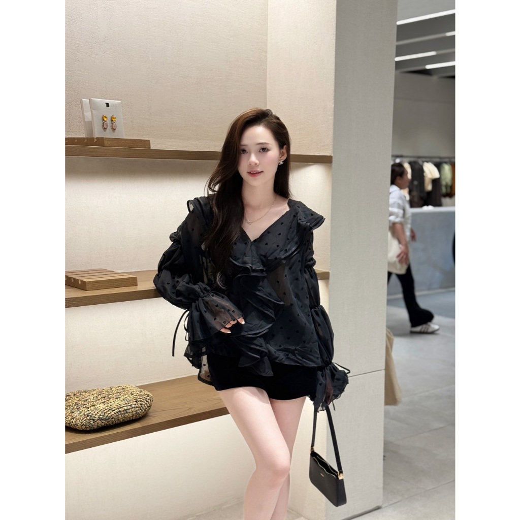Áo Voan Tơ Cổ Bèo Họa Tiết Trái Tim In Nổi Dáng Rộng, Áo Sơ Mi Kiểu Tiểu Thư Xinh - CHAMIE STUDIO