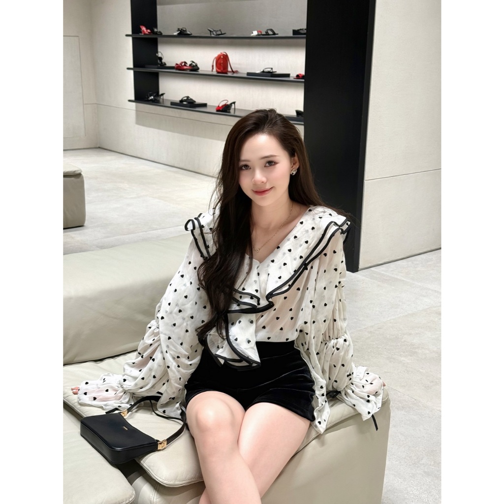 Áo Voan Tơ Cổ Bèo Họa Tiết Trái Tim In Nổi Dáng Rộng, Áo Sơ Mi Kiểu Tiểu Thư Xinh - CHAMIE STUDIO