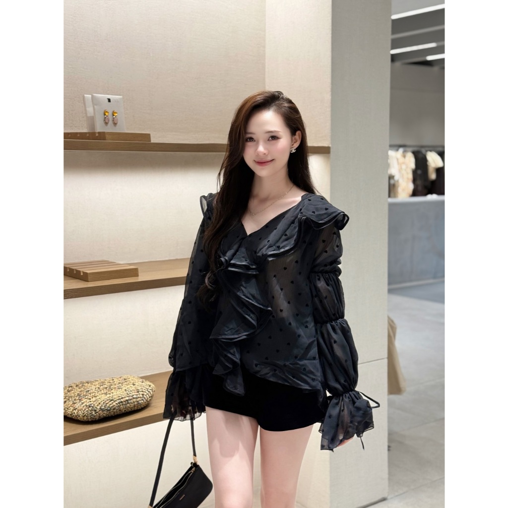 Áo Voan Tơ Cổ Bèo Họa Tiết Trái Tim In Nổi Dáng Rộng, Áo Sơ Mi Kiểu Tiểu Thư Xinh - CHAMIE STUDIO