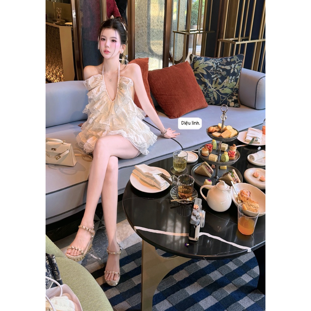 Áo thô bèo phối ren xinh iu 2 màu xanh-trắng