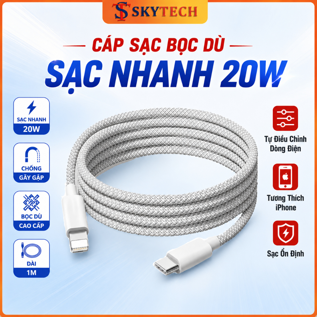 Cáp Sạc Nhanh iPhone PD 20W 1M, Dây Sạc Bọc Dù Chống Gãy Cho iPhone 6 Đến 17Promax