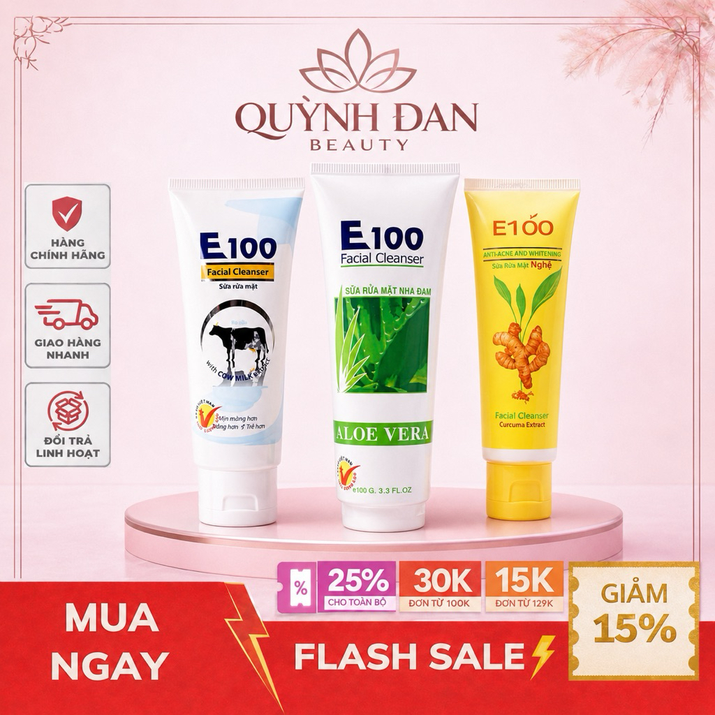 Sữa Rửa Mặt E100 100g - 80g - Nghệ - Bò - Nha Đam Cho Làn Da Sạch Và Sáng Mịn