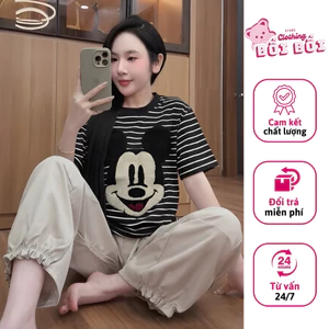 Set Nữ Bộ Áo Thun Sọc Ngang In Hình Hoạt Hình + Quần Dài Form Rộng, Set Đồ Nữ Mặc Nhà Cute