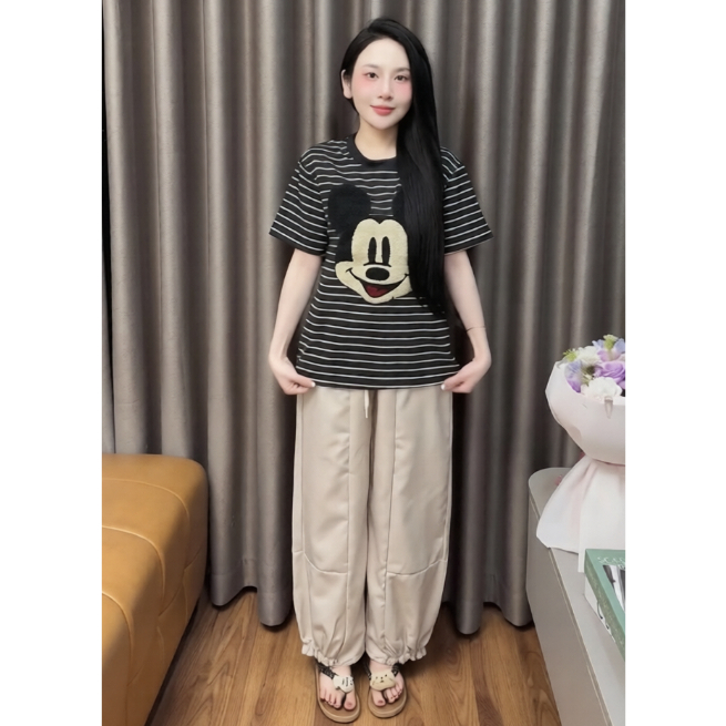 (Hỏa Tốc) Set Nữ Bộ Áo Thun Sọc Ngang In Hình Hoạt Hình + Quần Dài Form Rộng, Set Đồ Nữ Mặc Nhà Cute