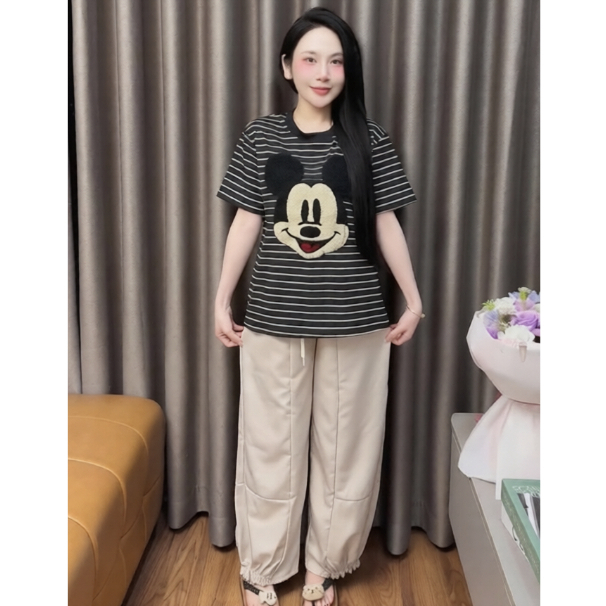 (Hỏa Tốc) Set Nữ Bộ Áo Thun Sọc Ngang In Hình Hoạt Hình + Quần Dài Form Rộng, Set Đồ Nữ Mặc Nhà Cute