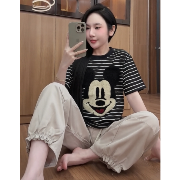 (Hỏa Tốc) Set Nữ Bộ Áo Thun Sọc Ngang In Hình Hoạt Hình + Quần Dài Form Rộng, Set Đồ Nữ Mặc Nhà Cute