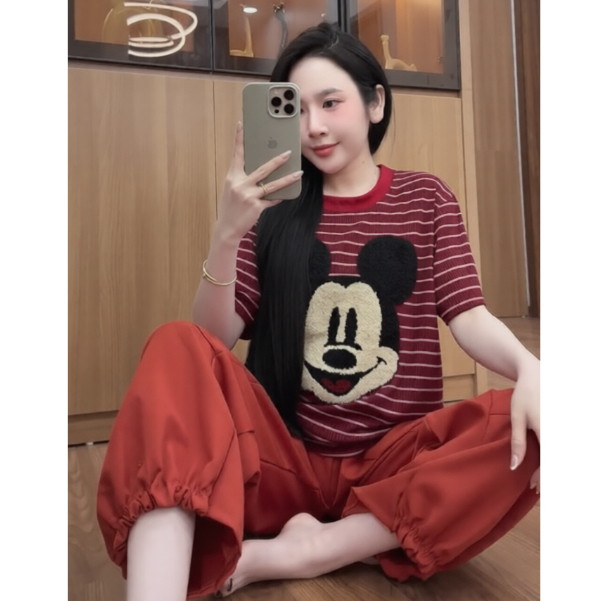 (Hỏa Tốc) Set Nữ Bộ Áo Thun Sọc Ngang In Hình Hoạt Hình + Quần Dài Form Rộng, Set Đồ Nữ Mặc Nhà Cute