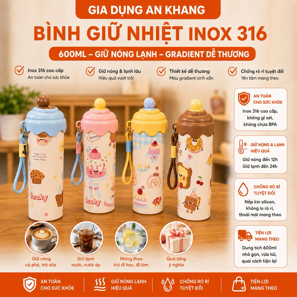 Bình Nước Giữ Nhiệt 600ml Cute, Có Ống Hút, Kèm Dây Đeo