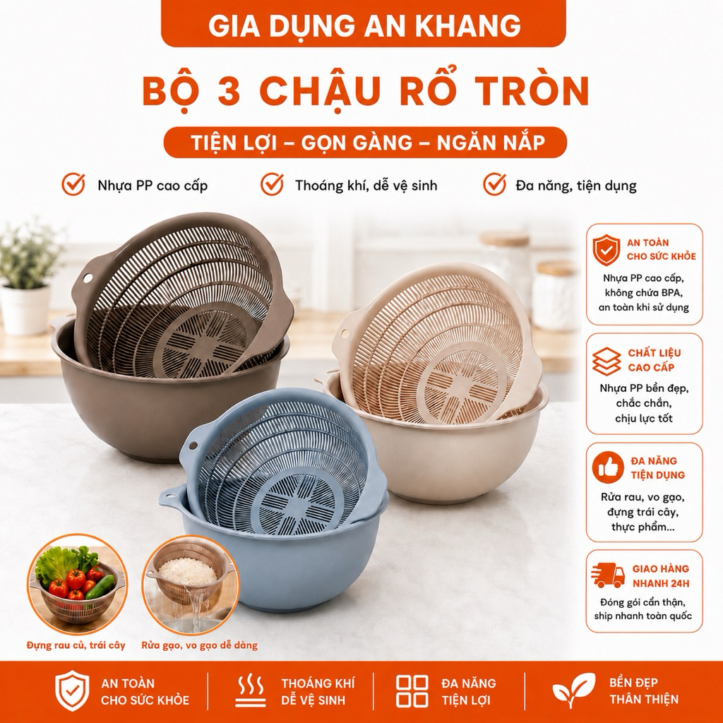 Bộ 3 Chậu Rổ Nhựa PP Cao Cấp Đa Năng – Rổ Rửa Rau, Vo Gạo, Đựng Thực Phẩm Tiện Lợi