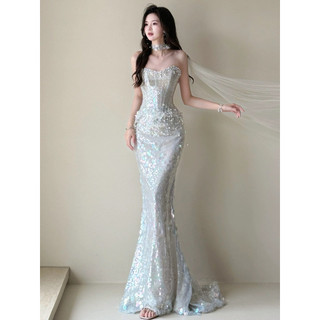 Váy Dạ Hội Đuôi Cá Sequin Ánh Bạc Luxury Sang Trọng Dự Tiệc Chụp Ảnh Gala