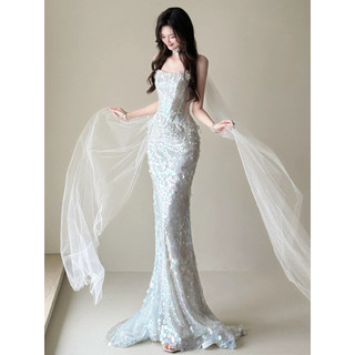 Váy Dạ Hội Đuôi Cá Sequin Ánh Bạc Luxury Sang Trọng Dự Tiệc Chụp Ảnh Gala