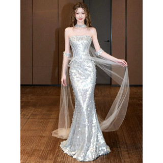 Váy Dạ Hội Đuôi Cá Sequin Ánh Bạc Luxury Sang Trọng Dự Tiệc Chụp Ảnh Gala