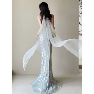Váy Dạ Hội Đuôi Cá Sequin Ánh Bạc Luxury Sang Trọng Dự Tiệc Chụp Ảnh Gala