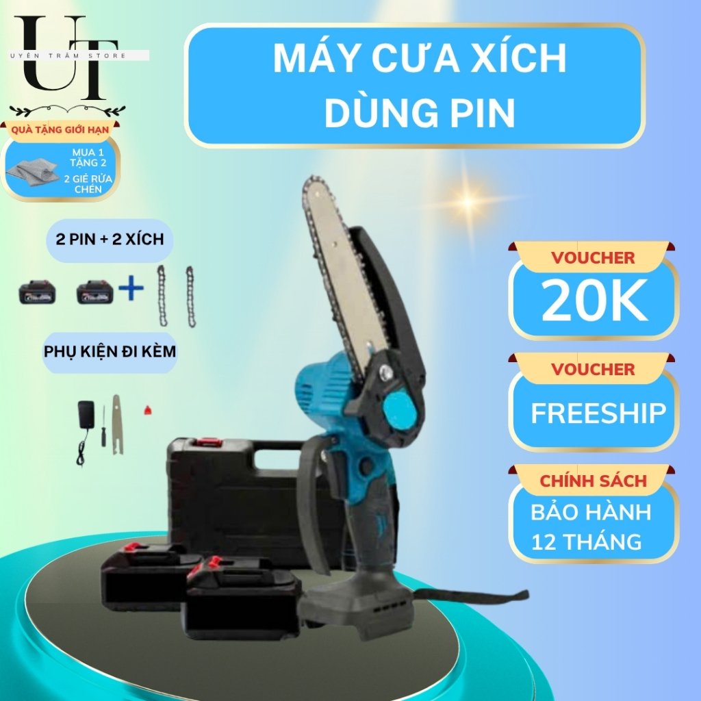 Bộ Máy Cưa Xích Mini Cầm Tay Cưa Gỗ, 2P 199V Lõi Đồng Mạnh Mẽ Bền Bỉ, Hệ Thống Bơm Nhớt Tự Động New 2026, Tiện Lợi, Dễ D