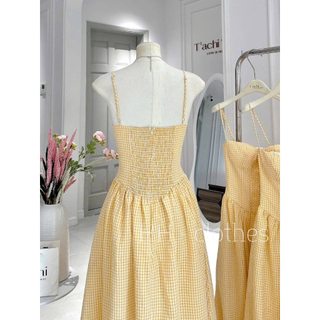 Váy kẻ vàng thô mềm 2 dây lưng chun
