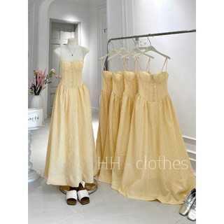 Váy kẻ vàng thô mềm 2 dây lưng chun