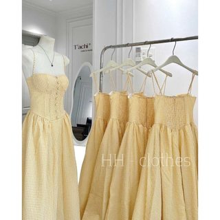 Váy kẻ vàng thô mềm 2 dây lưng chun