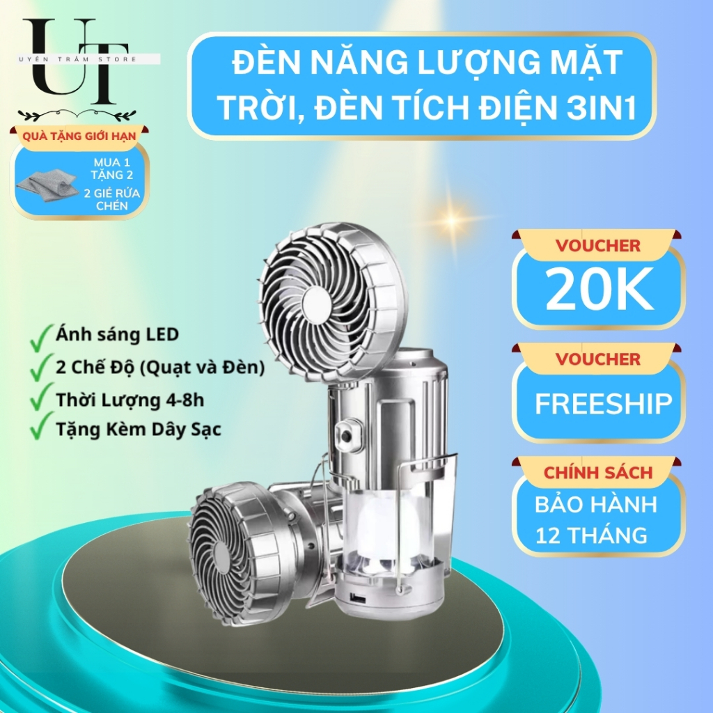 Quạt Tích Điện, Đèn năng lượng mặt trời, đèn tích điện 3in1 chiếu sáng, kèm quạt tích điện và sạc điện thoại