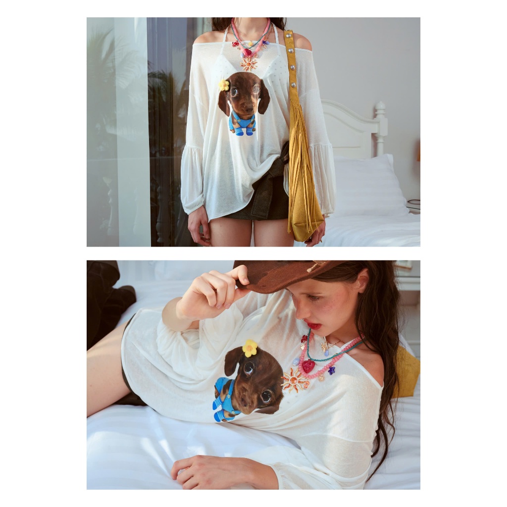 Daisy Pup Top - Remmus | Áo thun xuyên thấu tay dài graphic puppy đính hoa len - BST SUMMER SLUMBER