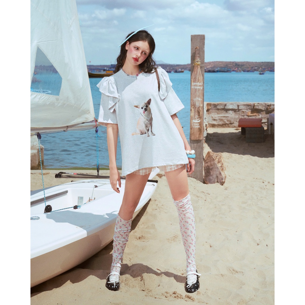 Sunny Pup Tee- Remmus | Áo thun chó đính charm mặt trời vai phối bèo - BST SUMMER SLUMBER