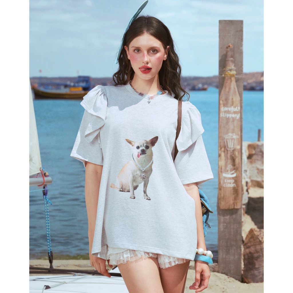 Sunny Pup Tee- Remmus | Áo thun chó đính charm mặt trời vai phối bèo - BST SUMMER SLUMBER