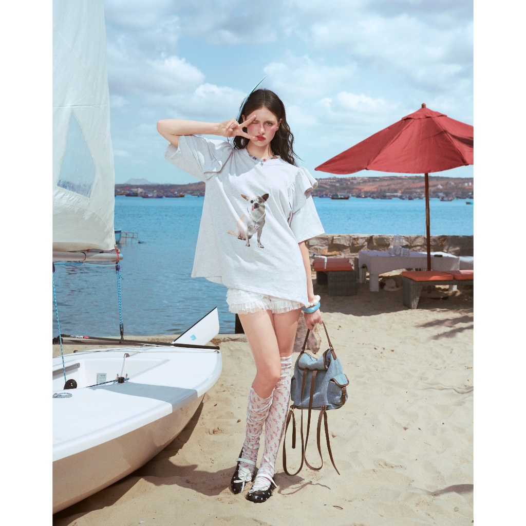 Sunny Pup Tee- Remmus | Áo thun chó đính charm mặt trời vai phối bèo - BST SUMMER SLUMBER