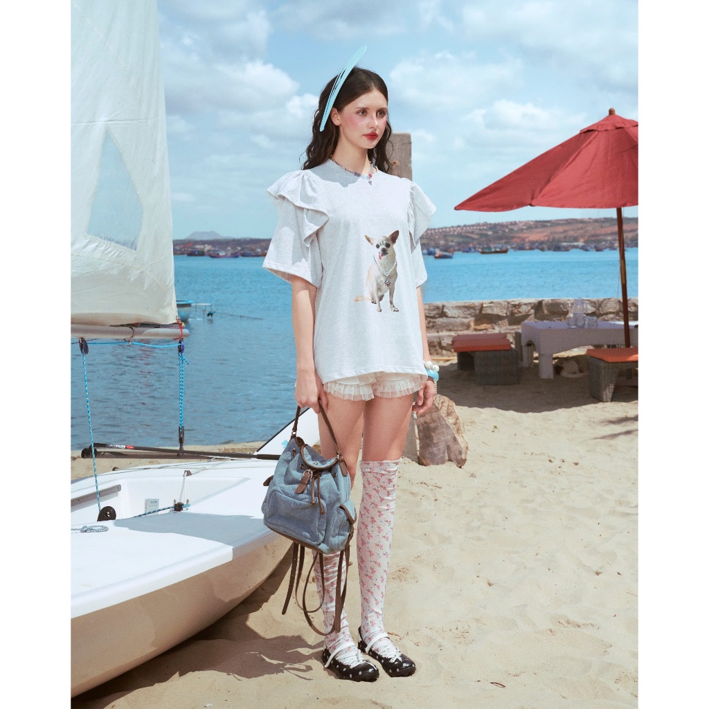 Sunny Pup Tee- Remmus | Áo thun chó đính charm mặt trời vai phối bèo - BST SUMMER SLUMBER