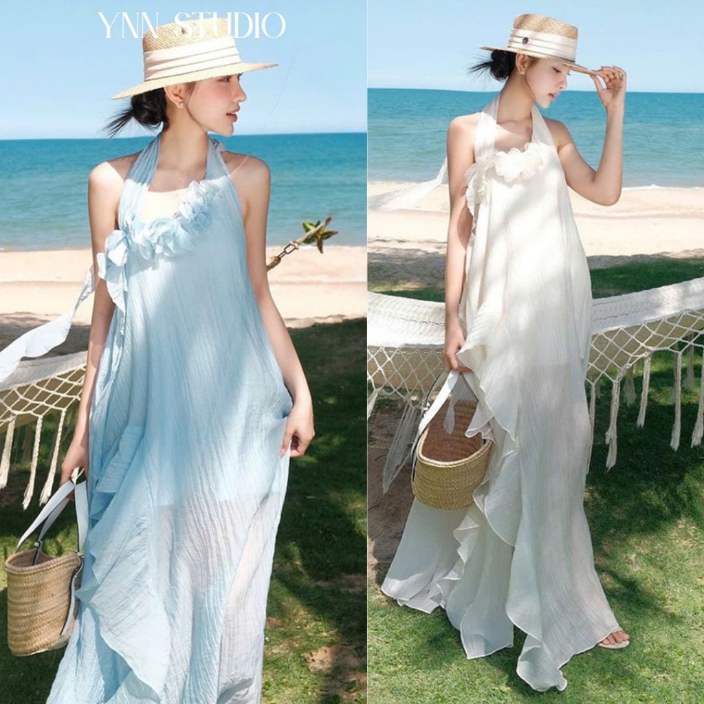 YNN STUDIO Đầm cổ yếm hở lưng đi biển dáng dài maxi hoa 3D (Dáng xuông rộng ko chiết eo)